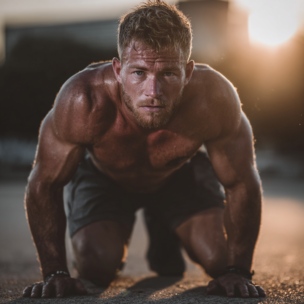 Athletic man training outdoors showing determination and physical strength
