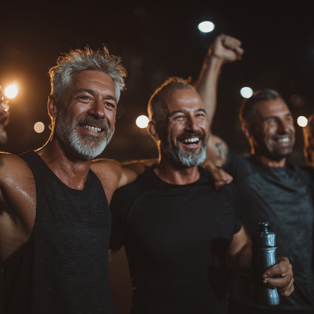 Group of motivated men celebrating success after completing fitness challenge together